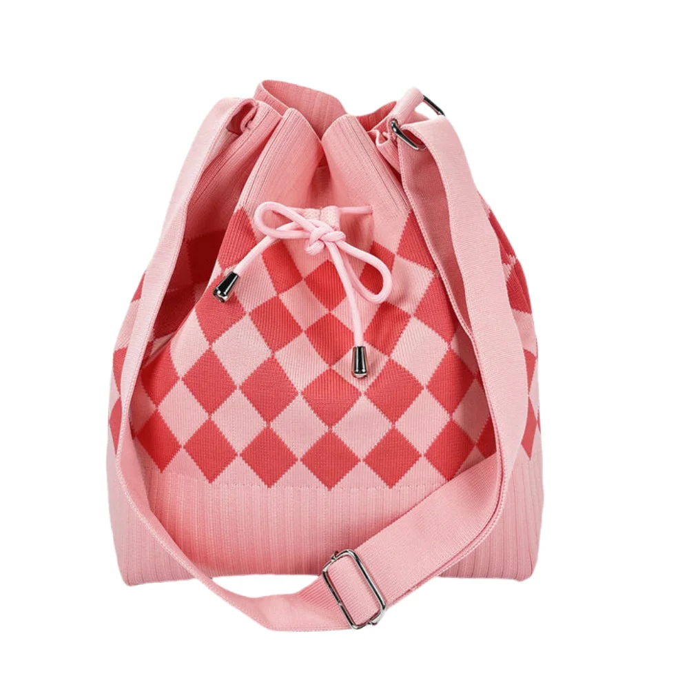 Bundle Pocket Houndstooth Bucket Bag Commute Handbag Diamond Drawstring Bag Soft Large Capacity Knitted Checked Shoulder Bag
