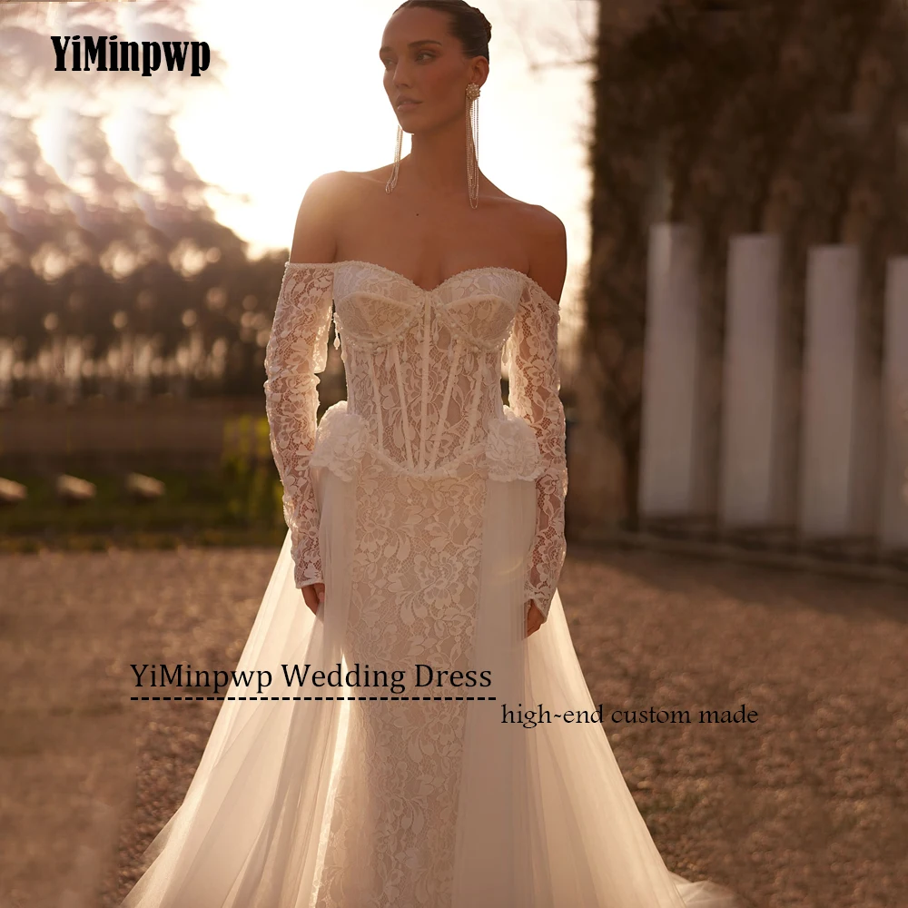Lace Wedding Dresses Mermaid Bridal Dress Luxury Long Sleeve Sweetheart Detachable Train Off Shoulder robe de mariée Customized