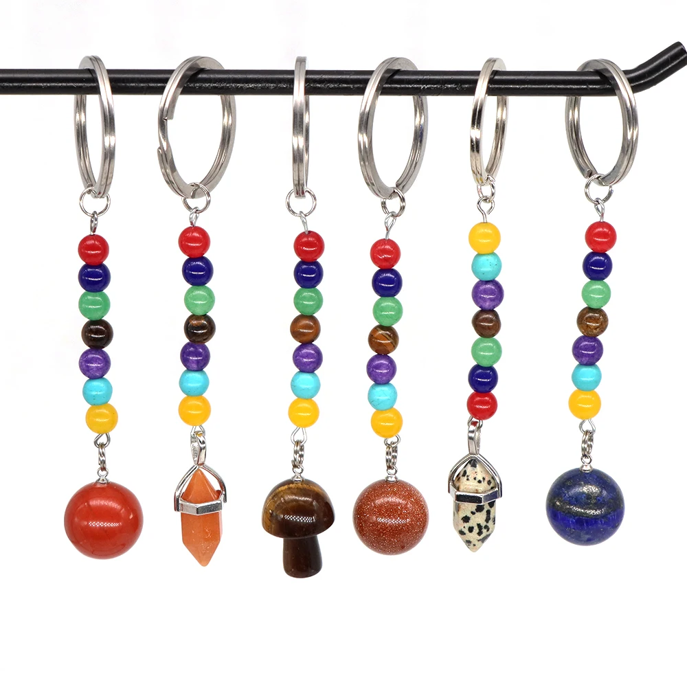 Natural Stone 7 Chakra Beads Key Chain Ring Healing Crystal Mushroom Point Wand Merkaba Star Pendant Car Bag Jewelry Accessories