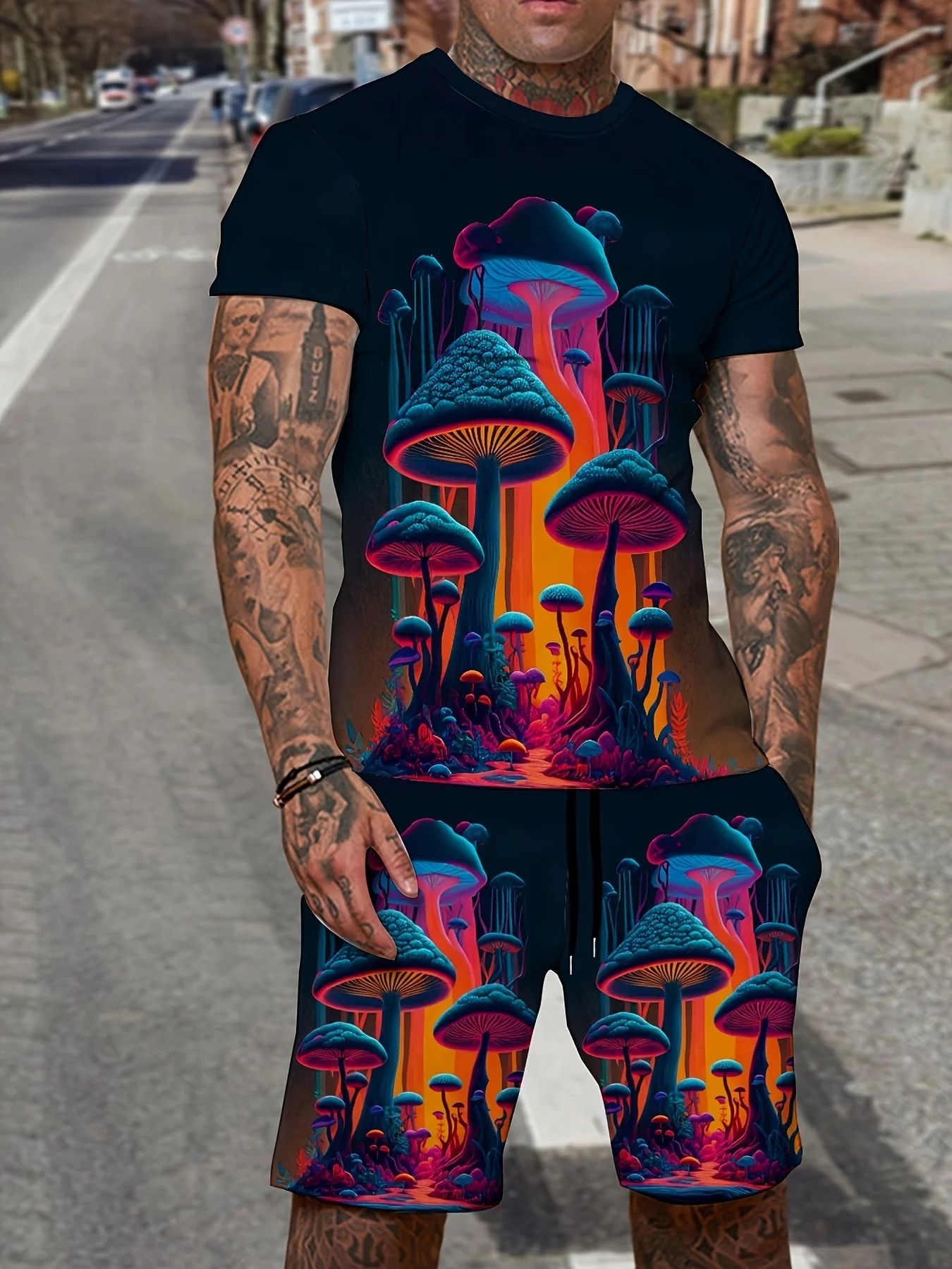 Fluorescent mushrooms 3D print 2pcs Men's Casual Loungewear Set with Graphic Tees, Shorts, and Sports Suit