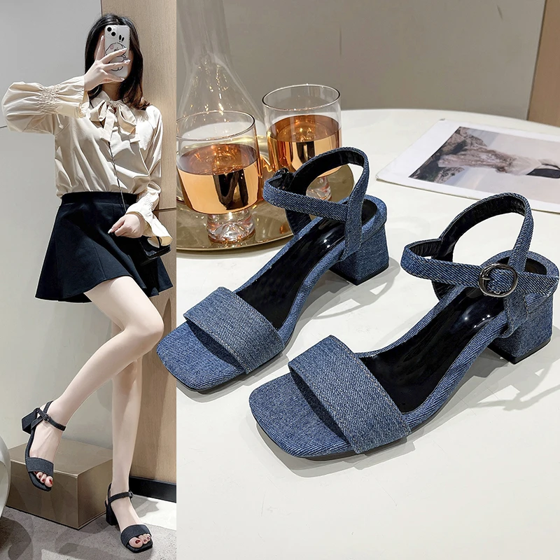 Coarse heeled sandals for women 2024 new women's shoes with diagonal straps, high heels, exposed toes, fashionable women's shoes