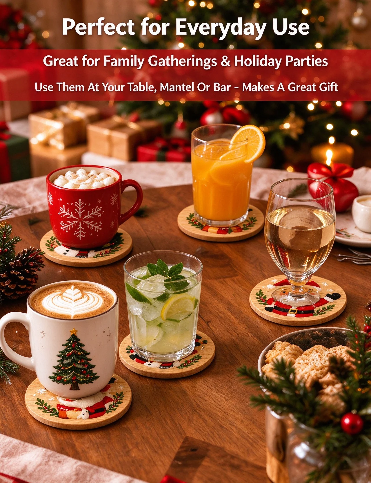 6pcs Christmas wooden coasters, Christmas reindeer snowman Christmas tree design, coffee table, family holiday table decoration