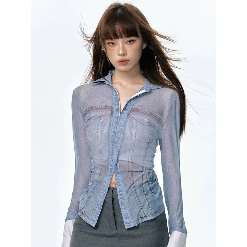 

Fashion Retro Office Ladies Imitation Denim Blouse Autumn Lapel Long Sleeve Slim Casual Niche Shirt for Women Top