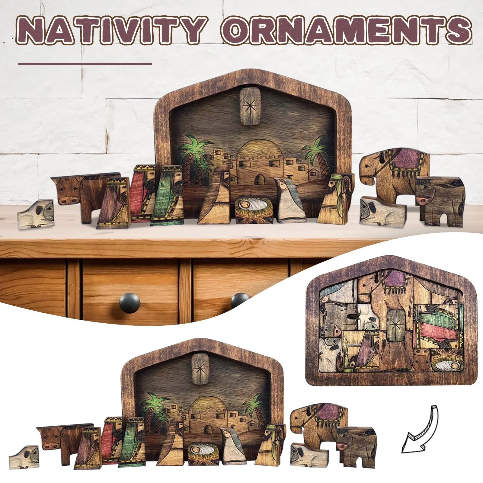 Wooden Jesus Puzzles Nativity Set Table Decor Ornament Nativity Puzzle Wood-fired Water Color Design Jigsaw Puzzle Decoration