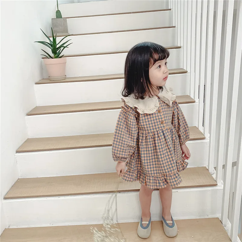 Spring Autumn Girls Clothing Cute Children Dresses Kids Baby Girl Plaid Cotton Linen Lapel Collar Dress Long Sleeve Skirt