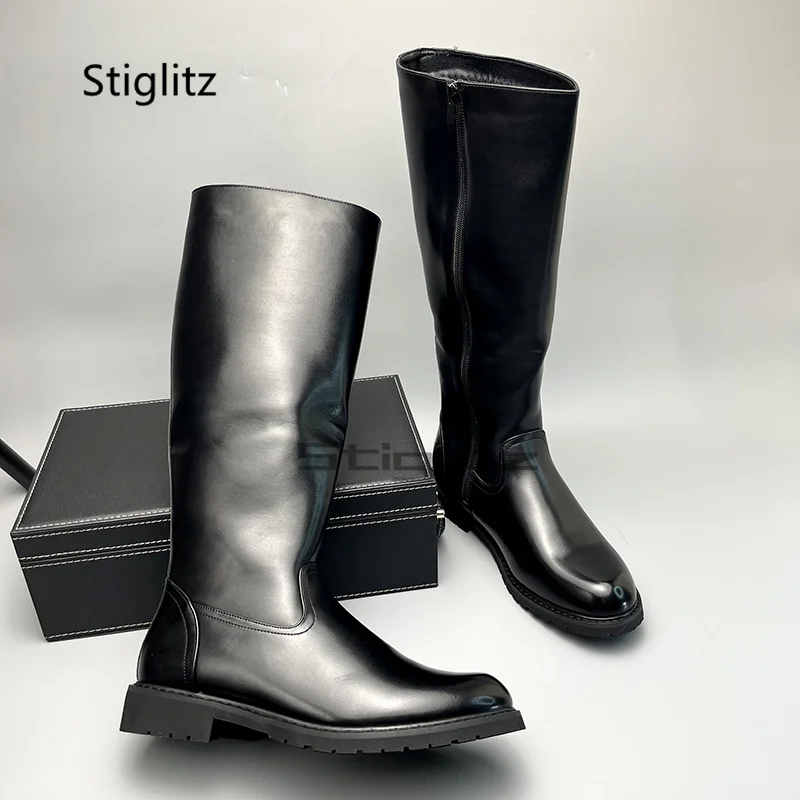

Black Leather Riding Boots for Men Autumn Winter Warm Men's Knee High Boots Side Zipper Long Knight Boots Versatile Men's Shoes
