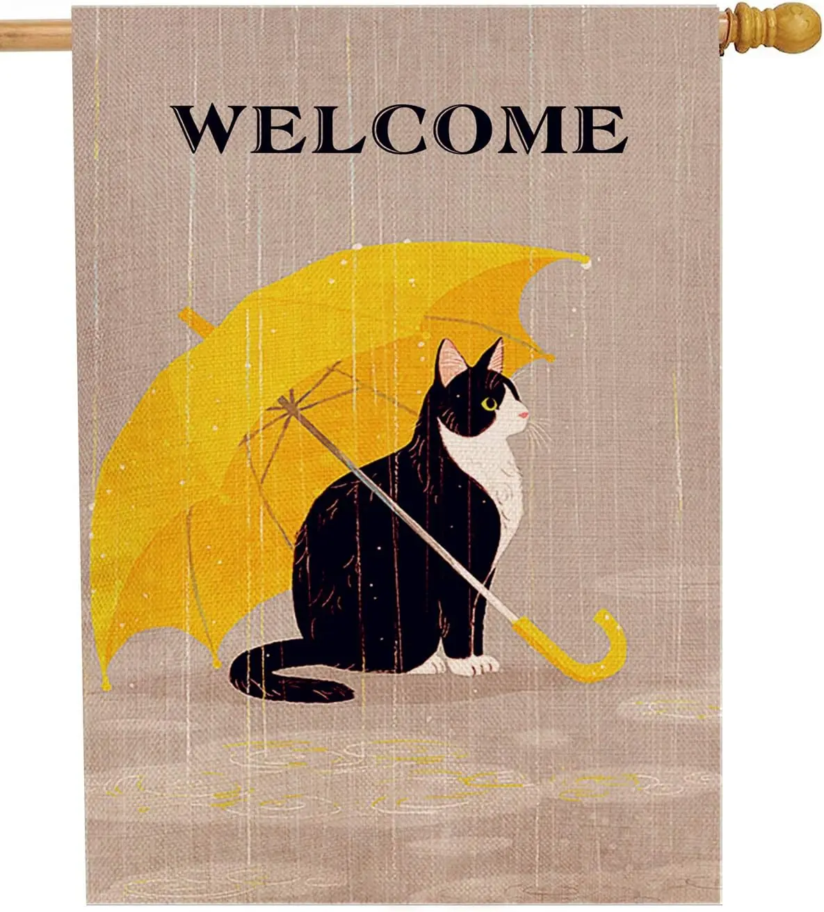 Welcome Spring Summer Tuxedo Cat 12x18in House Flag Double Sided, Pet Yellow Umbrella Garden Yard Decorations Cat Lover