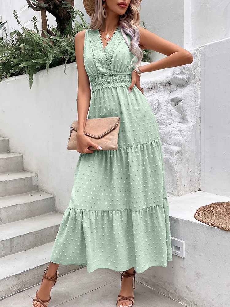 Elegant Lace Stitching Long Dress Women Summer Sexy Backless Sleeveless Ruffle Beach Dress Fashion V Neck New In Dresses 223