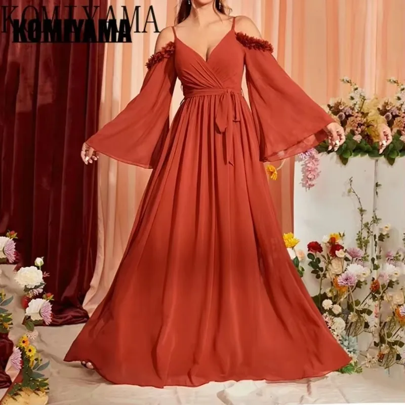 Customized New Evening Dress Chiffon Long-sleeved Big Swing Off Shoulder Prom Dresses Pleated Slim One-shoulder Banquet Party