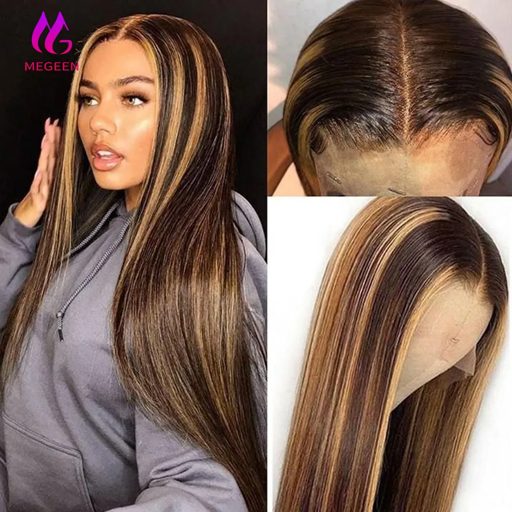 

Megeen Straight P4/27 Highlight Human Hair Wig 13x4 Lace Front Wigs Transparent Lace Front Wigs PrePlucked Colored Wig 26 Inch