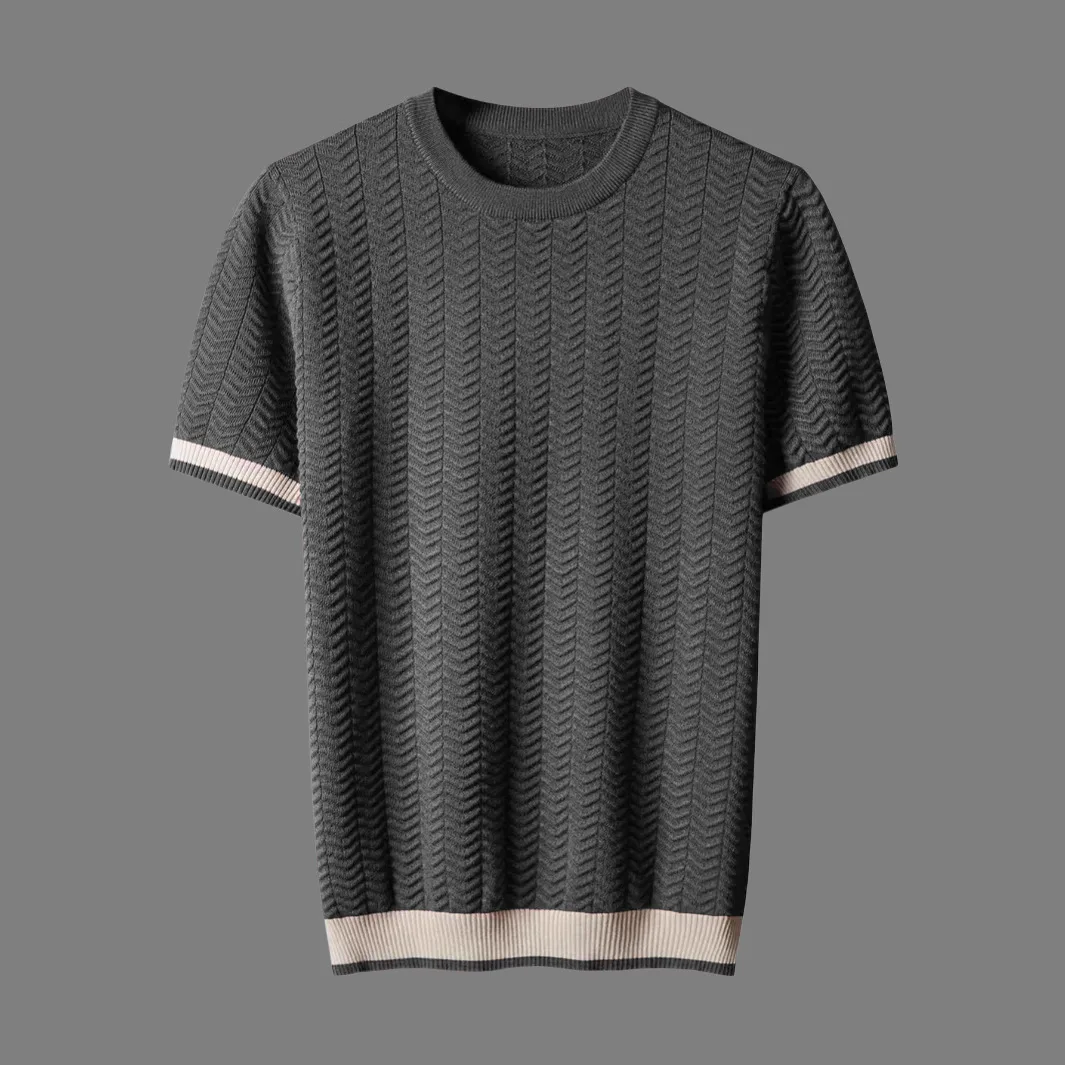 Summer Color Matching Light And Ripe Trendy Men Round Neck Contrasting Color Jacquard Texture Loose Short Sleeve Knitting