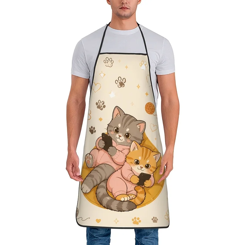 1pc 2D Printed Apron With Cute Cat Playing With Phone Print, Adjustable Waistband, Soft Fabric, Suitable For Kitchen Cooking, Ba