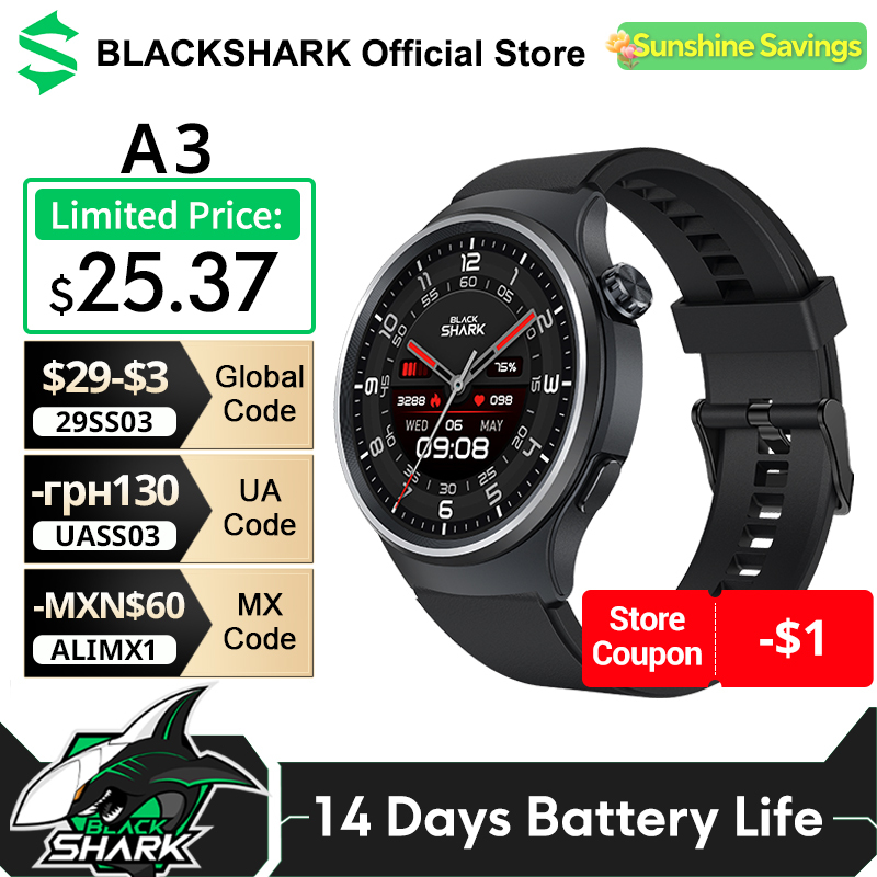  Global Version Black Shark A3 1.53'' Display Over 240 Watch Faces 3ATM 14 Days Life 120+ Sports Modes Health Monitoring 