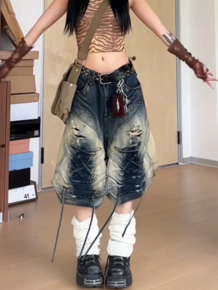 Women Summer New Niche Design Hot Girl Loose Wide-Leg Cropped Pants American Style Street Holes and Straps Cargo Jeans