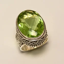 Vintage Peridot Quartz Glass Filled Rings for Women Flower Pattern Ring Fashion Creative Design Handmade Wedding Party Jewelry