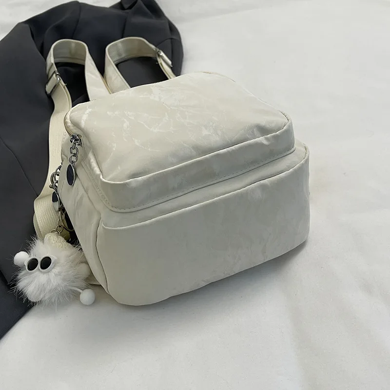 Ladies Cute Crinkled Nylon Sling Bag, Multi-Pocket Chest Bag with Plush Keychain for Daily, Travel and Shopping