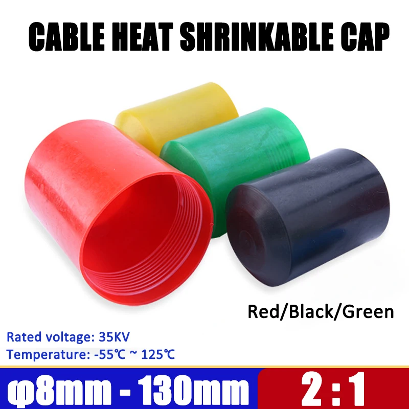 1pcs 8-130mm 2:1 Heat Shrink Caps Adhesive Glue Lined Cable Insulation Protection Power Cable Protection Black/Red/Green Plug