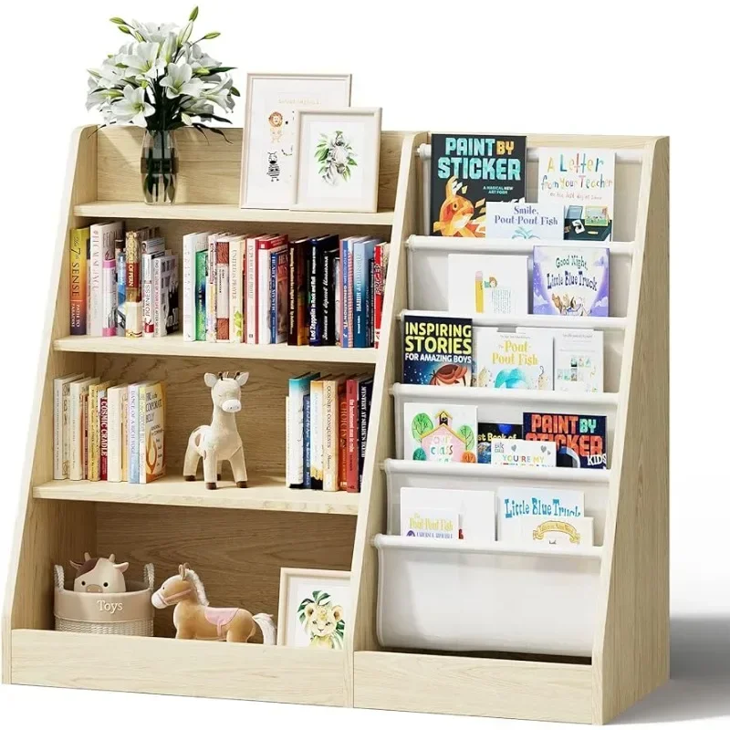 4 Tier Kids Wooden Bookshelf, Five Layer Sling Bookcase, Baby Storage Book Rack, Book and Toy Organizer Cabinet, Book Display