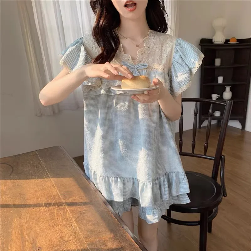 Korean Embroidery Lace Patchwork Summer Pajamas Set Women Ruffles Casual Pink Plaid Shirts + Shorts Loose Sweet Sleepwear Bow