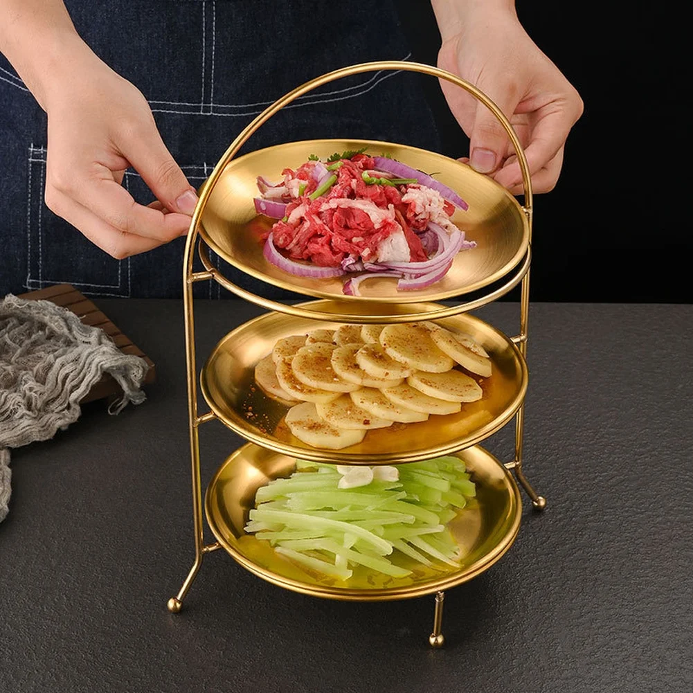 3-tier Storage Tray Rack Holder Food Serving Riser Stainless Steel Round Tray Rack BBQ Hot Pot Serving Dessert Display Stand