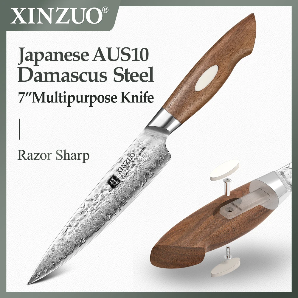 

XINZUO 7" Multipurpose Knife Japanese 67-layer AUS10 Damascus Steel 60±2HRC Core Hardness Practical Kitchen Cooking Tools