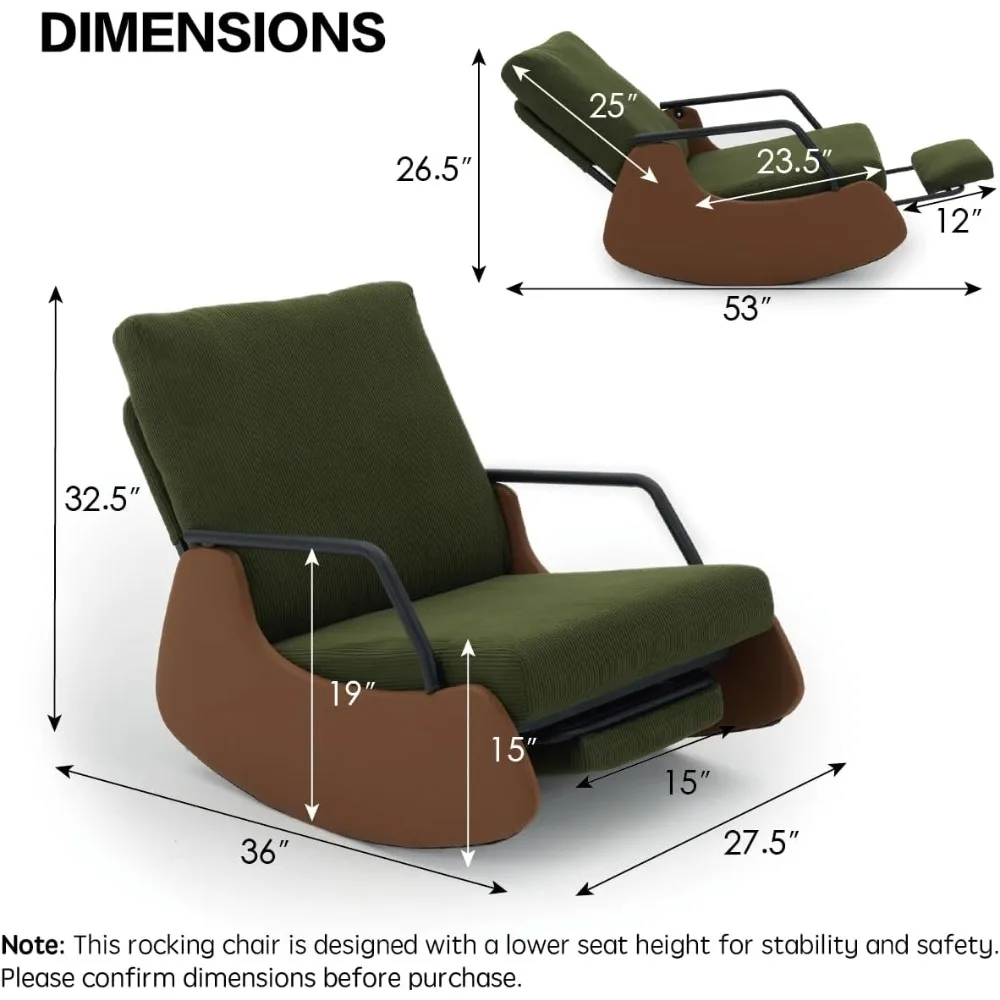

Adult rocking lounge chair, soft cushioned plush seat with high backrest, gliding joystick, modern daycare style reading chair