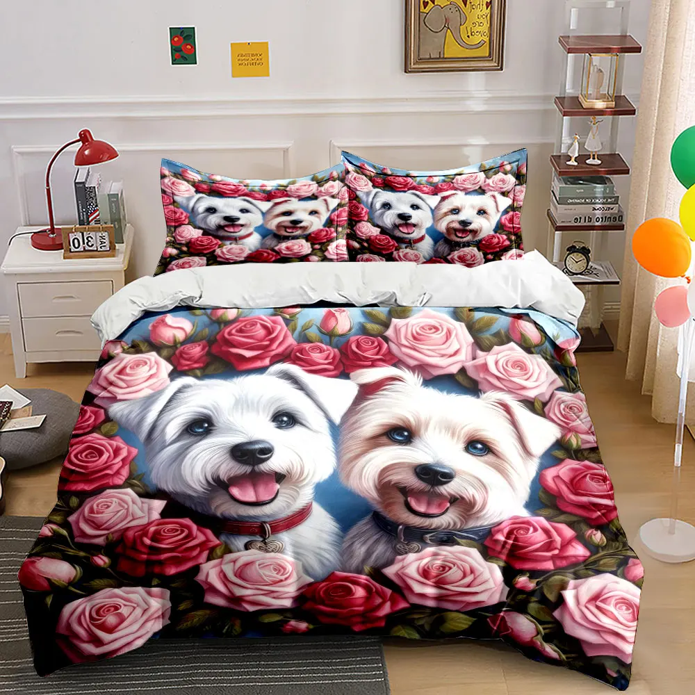 Adorable dogs framed by vibrant roses Print Duvet Cover Bedding Set Included 1*Duvet Cover 2*Pillowcases Luxury gifts