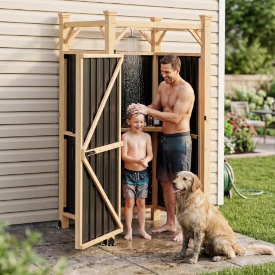 Outdoor Shower Enclosure With Lockable Door, Weatherproof Metal Panels, Gray Finish, Rust-Resistant And Space-Saving Design For