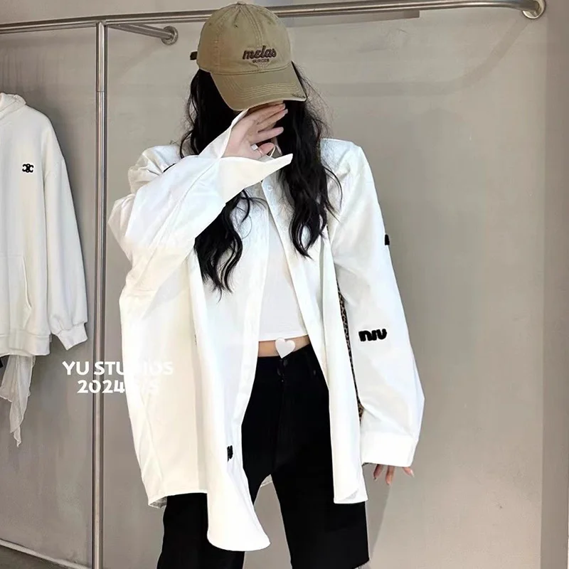 Oversized Korean Letter Women\'s Shirt Fashion Printing Solid Color Turn-down Collar Long Sleeve Blouse Autumn Trend Loose Tops