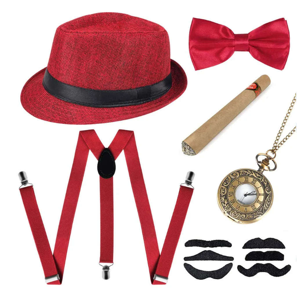 1920s Men Costume Accessories Set 30s Manhattan Gangster Beret Y-Back Suspender pocket watch 1920s Men Gatsby Costume Beard