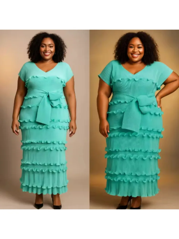 Miyake plissado moda cor sólida grande decote em v bolo feminino em camadas fungo borda vestido solto roupas femininas