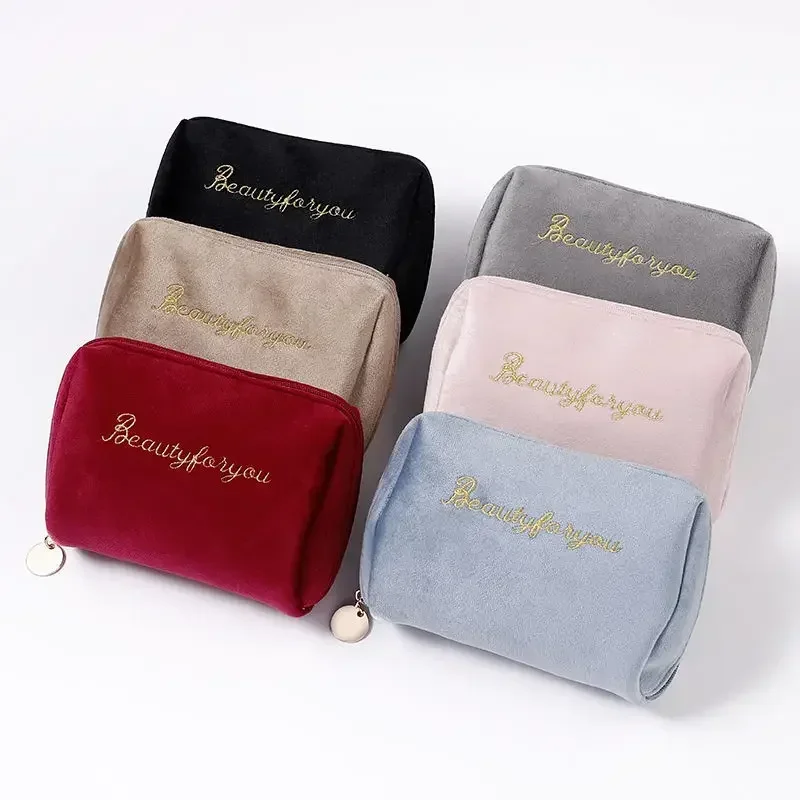 Women\'s Cosmetic Bag Zipper Velvet Letter Embroidery Solid Make Up Pouch for Cosmetics Toiletry Case Female Make Up Bags