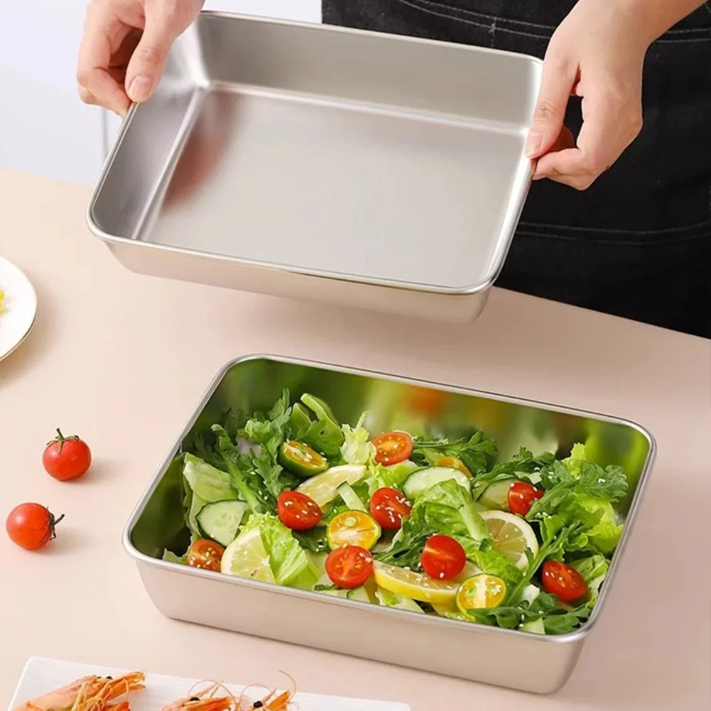 Stainless Steel Food Storage Serving Trays With Lid Rectangular Food Storage Pan Large Freshing Lunch Box Container For Kitchen