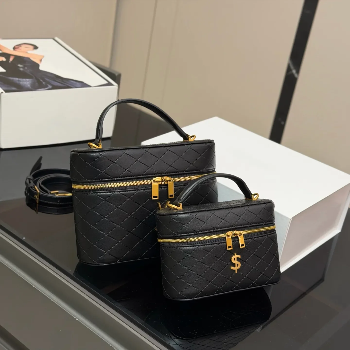 

Brand Designer Vanity Bag Top Handle Crossbody Bag for Women, Mini Leather Makeup Bag Handbag with Strap, Fashion Zipper Shoulde