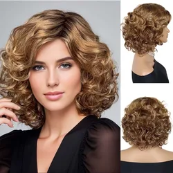 Brown Curly Mommy Wigs Synthetc Short Hair Brown Wigs with Side Bangs Black Roots Ombre Wig Natural Hairstyles Older Lady Hairs