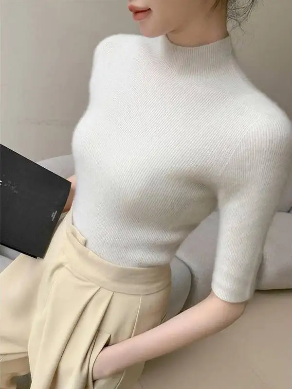 

Тонкий свитер с высоким воротником и рукавом до локтя для похудения, базовый слой, подходит под костюм, весенняя новинка, свитер с рукавом до локтя