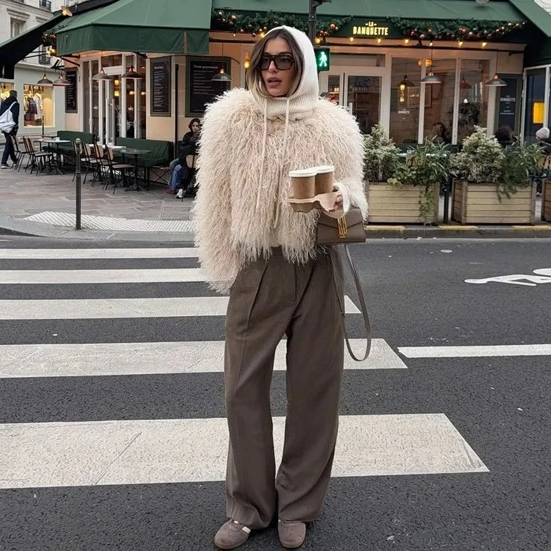 OFTBUY Faux Fur Coat Women's Faux Fur Coat Fake Mongolia Sheep Fur Coat Ladies New Outerwear Vintage Round Neck Female Clothing