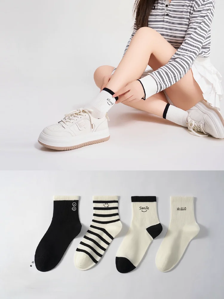 

4 Pairs Women’s Soft Cotton Socks, Smiley Pattern, Premium Long-Staple Cotton, Comfortable Breathable Everyday Wear