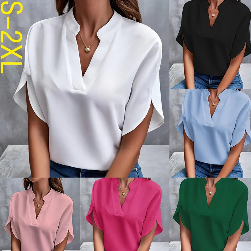 

2024 New Summer V-neck Shirt For Womens Solid Color Elegant Commuter Casual Short-Sleeved Pullover Top S-XXL