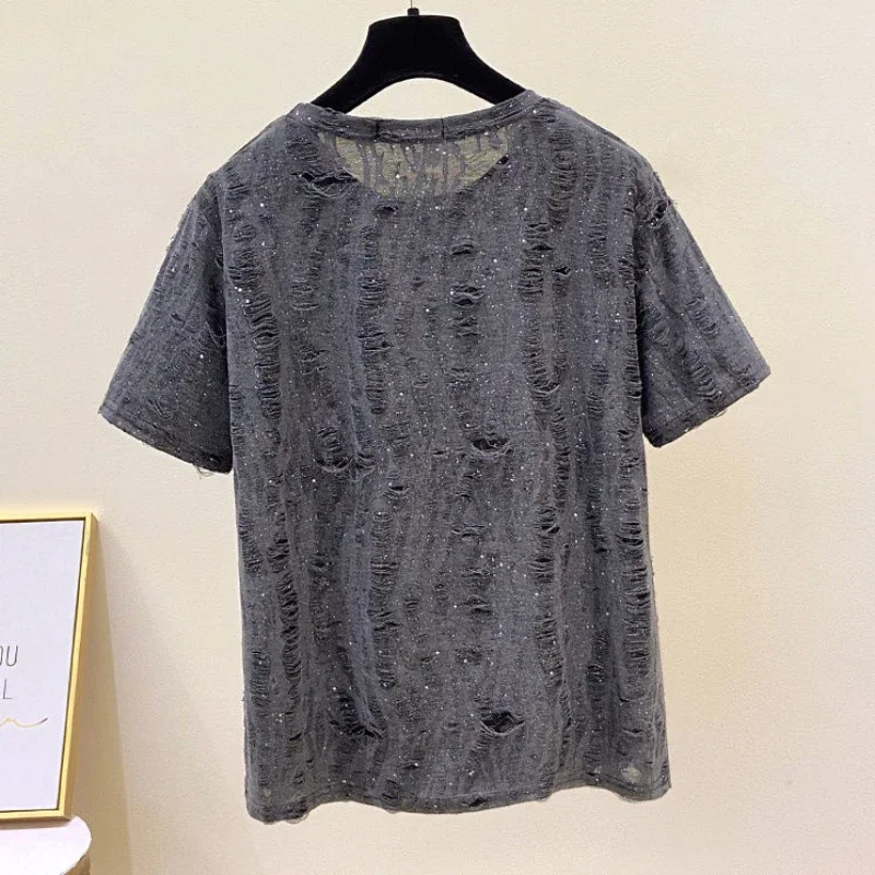 Large Size Women's Summer New Style Loose Slim Sequins Ripped Loose Short-sleeved T-shirt Fat Mm Half-sleeved Front Shoulder Top