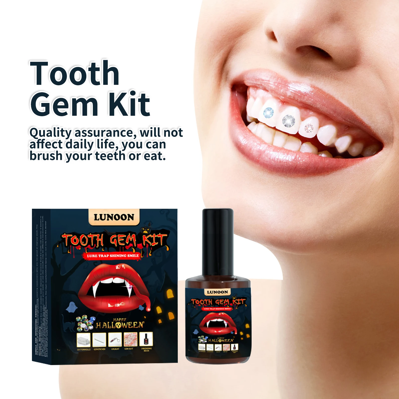 Halloween Tooth Jewelry Kit with Curing Light Glue Professional Dental Adhesive Gem Crystals Ornaments Party Safe for Oral Use
