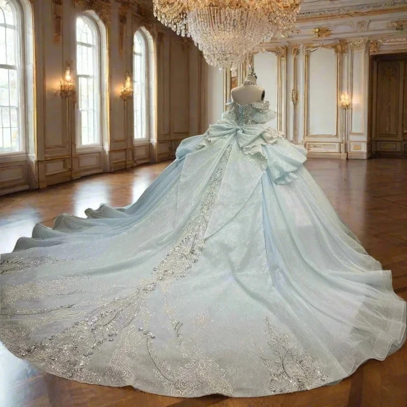 Sky Blue Charro Quinceanera Dresses Ball Gown Off The Shoulder Appliques Pearls Mexican Sweet 16 Dresses 15 Anos Customized