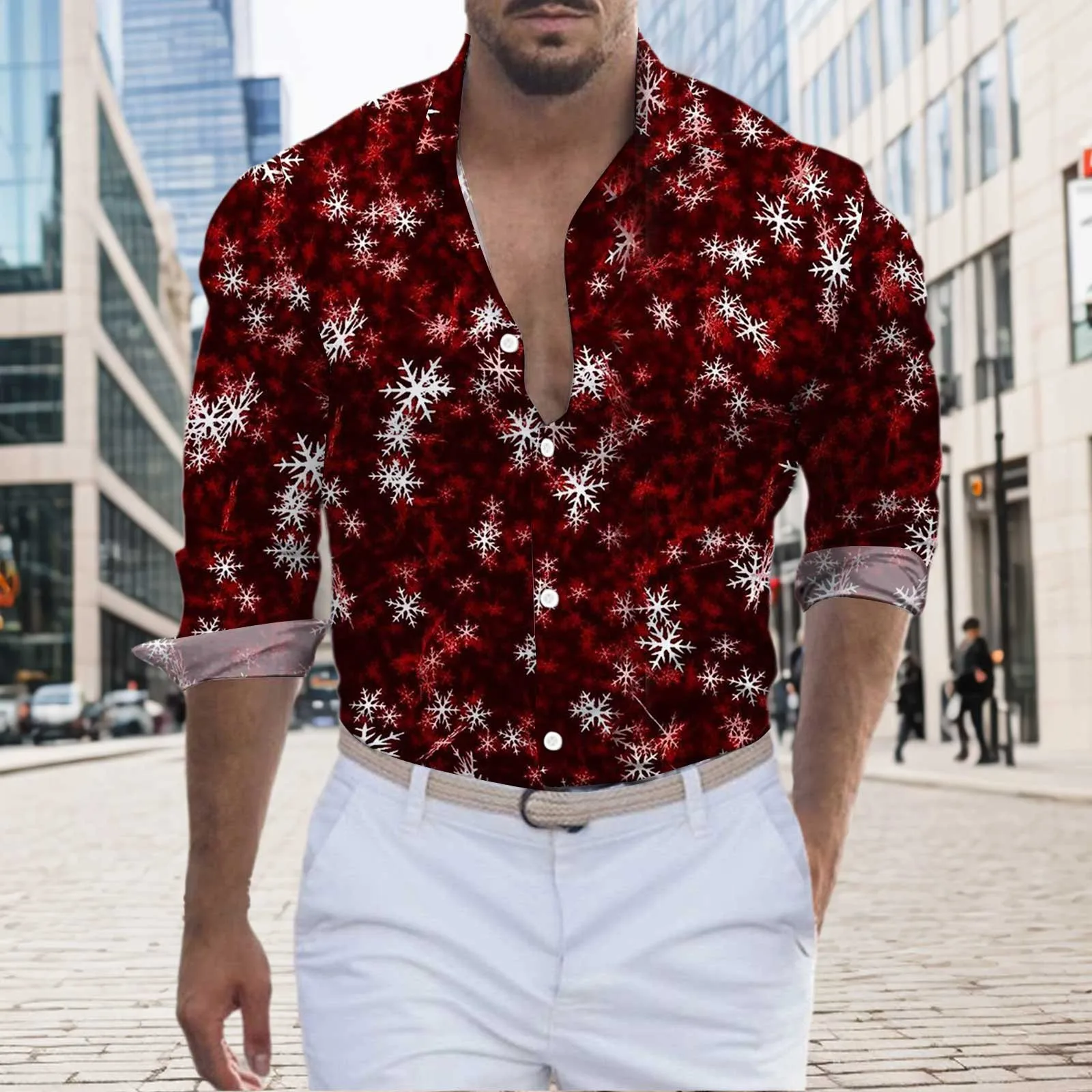 

Christmas Shirt For Male Autumn And Winter Snowman Christmas Snowflake Print Fashion Shirts Tops Retro Oversized Casual Shirt