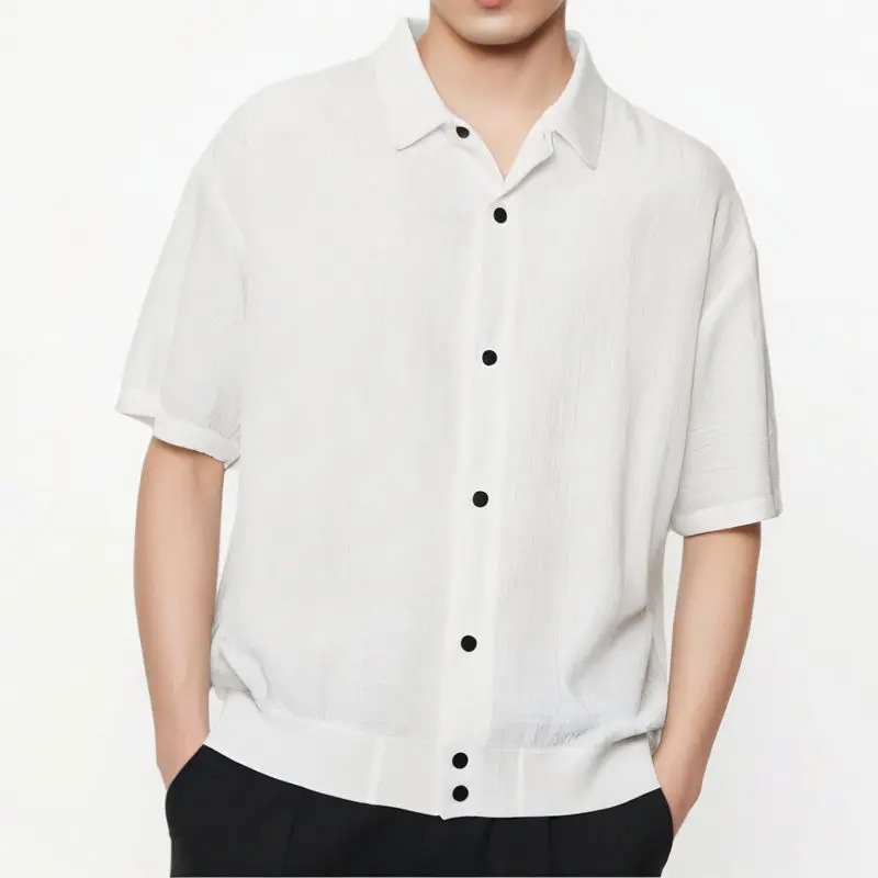

Men Black Textured Short Sleeve Shirt Camp Collar Button Down Loose Fit Casual Top