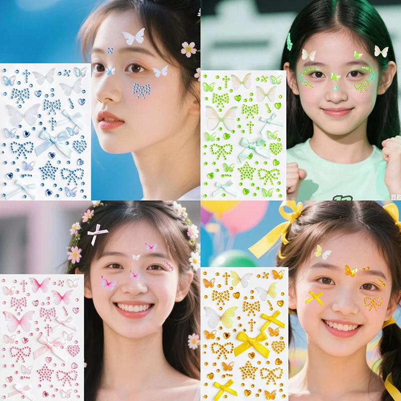 Autocollant 3D pour visage d'amour doux, 1 pièce, autocollants en diamant avec nœud rouge rose, décoration de maquillage, Performance avec colle de support, autocollant sans trace *