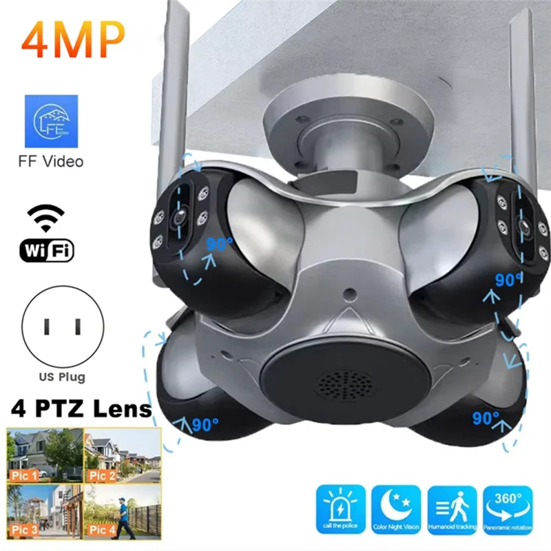 B24B 4MP HD كاميرا IP لاسلكية واي فاي أربع شاشات في الهواء الطلق PTZ أربعة عدسة الإنسان تتبع السيارات كاميرا مراقبة فيديو