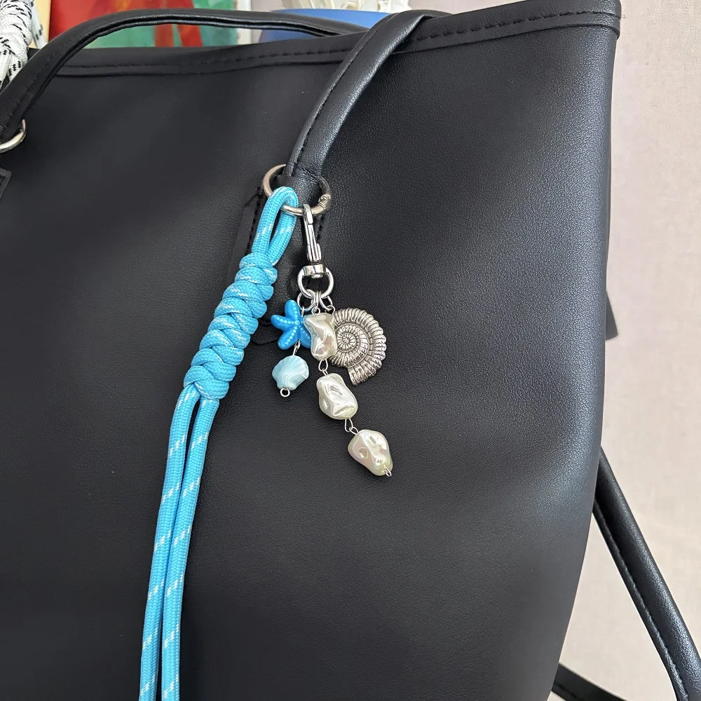 Ocean Vibes Braided Cord Bag Charm, Beach-Themed Keychain with Starfish, Shell & Sea Charms, Cute Purse Backpack Pendant