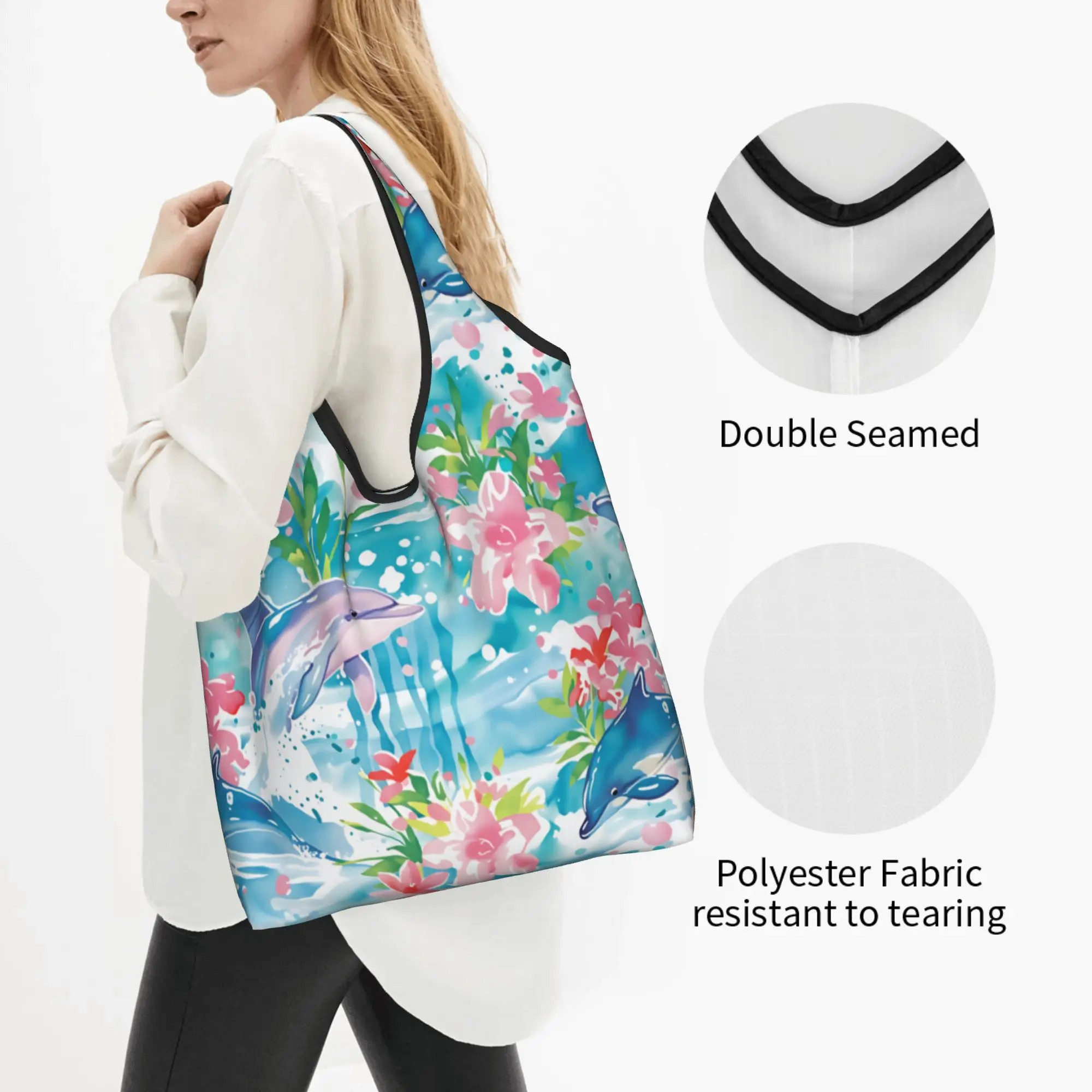 Reusable DolphinsFunny Colourful Creative  Shopping Bag Women Tote Bag Portable  Groceries Shopper Bags