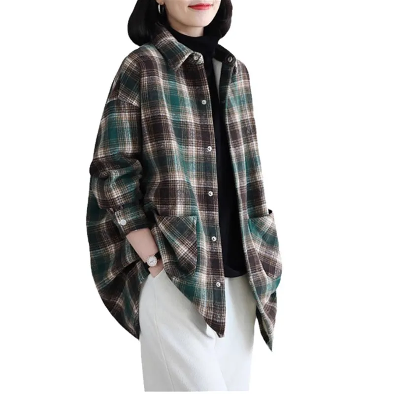 

Retro Plaid Shirt Jacket For women Spring Autumn 2025 New Loose Long sleeved Lapel With thick suede Top Female Casual Shirts