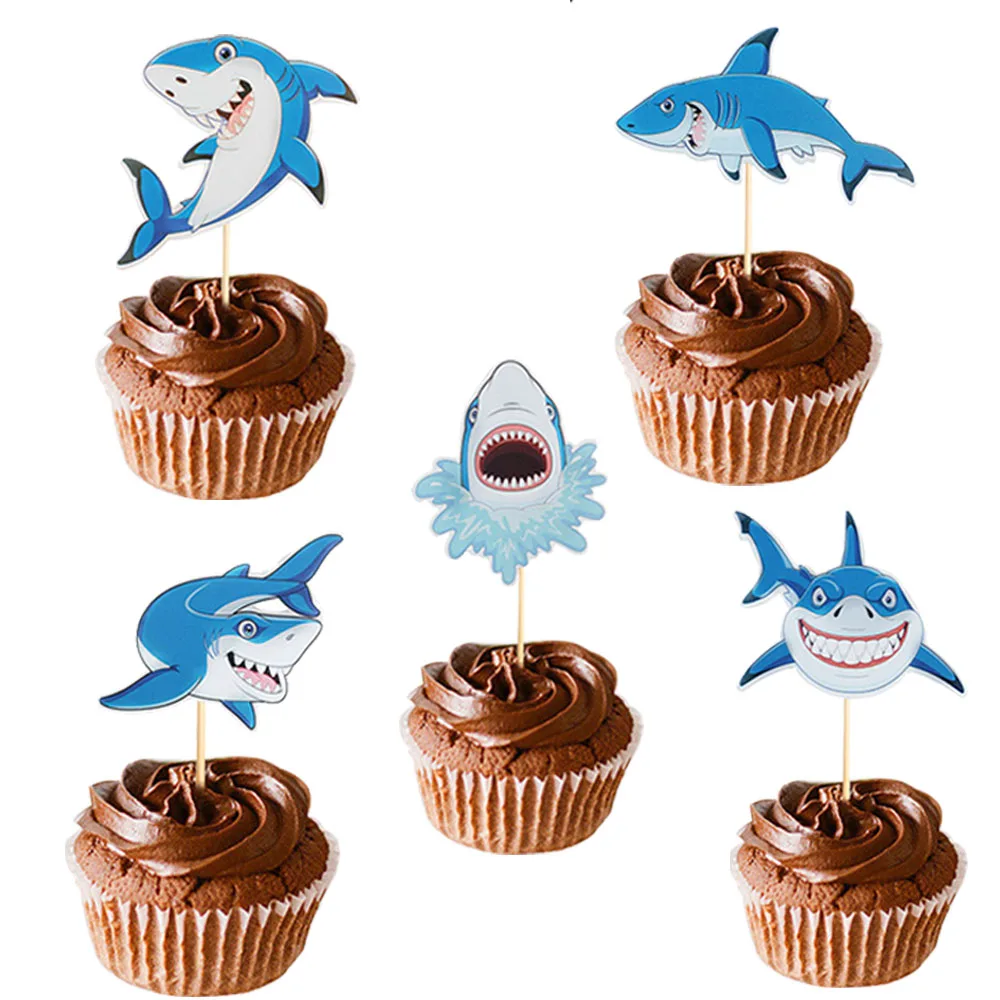 10pcs Cartoon Shark Cupcake Toppers Under The Sea Shark Baby shower Cake Decor Ocean One 1st Happy Birthday Party Decor Kids Boy